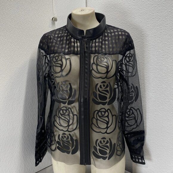 NEW FRANK LYMAN Sheer Floral Mesh Jacket with Faux Leather Trim – Black – M - Picture 1 of 14